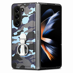 Luxury Leather Matte Finish and Plastic Back Cover Case S09D for Samsung Galaxy Z Fold5 5G Blue