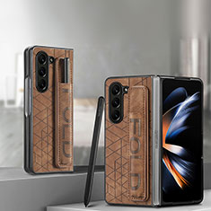 Luxury Leather Matte Finish and Plastic Back Cover Case S12D for Samsung Galaxy Z Fold5 5G Brown