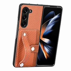 Luxury Leather Matte Finish and Plastic Back Cover Case S13D for Samsung Galaxy Z Fold5 5G Brown