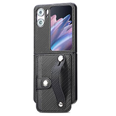 Luxury Leather Matte Finish and Plastic Back Cover Case SD10 for Oppo Find N2 Flip 5G Black