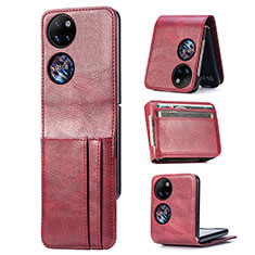 Luxury Leather Matte Finish and Plastic Back Cover Case SD4 for Huawei P50 Pocket Red