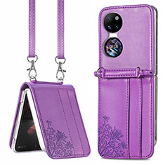 Luxury Leather Matte Finish and Plastic Back Cover Case SD6 for Huawei P50 Pocket Purple