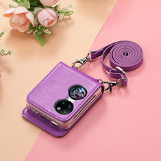 Luxury Leather Matte Finish and Plastic Back Cover Case SD7 for Huawei P50 Pocket Purple