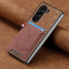 Luxury Leather Matte Finish and Plastic Back Cover Case SD8 for Samsung Galaxy Z Fold5 5G Brown