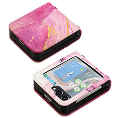 Luxury Leather Matte Finish and Plastic Back Cover Case YB2 for Samsung Galaxy Z Flip5 5G Hot Pink