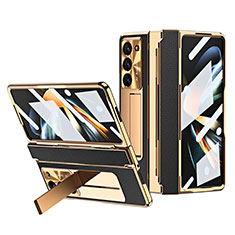 Luxury Leather Matte Finish and Plastic Back Cover Case ZL3 for Samsung Galaxy Z Fold5 5G Gold and Black