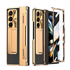 Luxury Leather Matte Finish and Plastic Back Cover Case ZL4 for Samsung Galaxy Z Fold5 5G Gold and Black