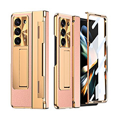 Luxury Leather Matte Finish and Plastic Back Cover Case ZL4 for Samsung Galaxy Z Fold5 5G Rose Gold