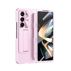 Luxury Leather Matte Finish and Plastic Back Cover Case ZL6 for Samsung Galaxy Z Fold5 5G Rose Gold