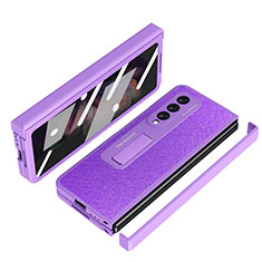 Luxury Leather Matte Finish and Plastic Back Cover Case ZL7 for Samsung Galaxy Z Fold3 5G Purple