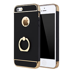 Luxury Metal Frame and Plastic Back Case with Finger Ring Stand A02 for Apple iPhone 5 Black