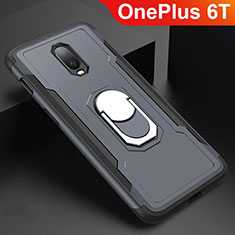 Luxury Metal Frame and Plastic Back Cover Case with Finger Ring Stand A01 for OnePlus 6T Gray