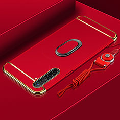Luxury Metal Frame and Plastic Back Cover Case with Finger Ring Stand A01 for Oppo K5 Red