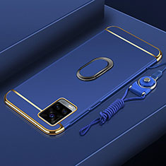 Luxury Metal Frame and Plastic Back Cover Case with Finger Ring Stand A01 for Vivo V20 Pro 5G Blue