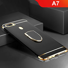 Luxury Metal Frame and Plastic Back Cover Case with Finger Ring Stand A02 for Oppo A7 Black