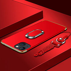 Luxury Metal Frame and Plastic Back Cover Case with Finger Ring Stand and Lanyard for Apple iPhone 13 Mini Red