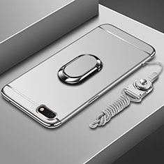 Luxury Metal Frame and Plastic Back Cover Case with Finger Ring Stand and Lanyard for Huawei Honor Play 7 Silver