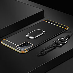 Luxury Metal Frame and Plastic Back Cover Case with Finger Ring Stand and Lanyard for Oppo A52 Black