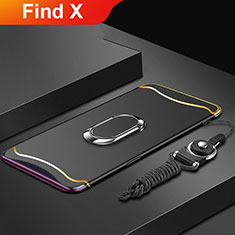 Luxury Metal Frame and Plastic Back Cover Case with Finger Ring Stand and Lanyard for Oppo Find X Black