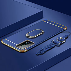 Luxury Metal Frame and Plastic Back Cover Case with Finger Ring Stand and Lanyard for Oppo K9 5G Blue