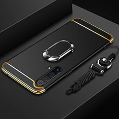 Luxury Metal Frame and Plastic Back Cover Case with Finger Ring Stand and Lanyard for Realme X50t 5G Black