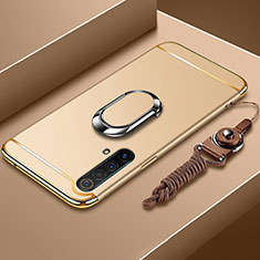 Luxury Metal Frame and Plastic Back Cover Case with Finger Ring Stand and Lanyard for Realme X50t 5G Gold