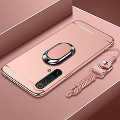 Luxury Metal Frame and Plastic Back Cover Case with Finger Ring Stand and Lanyard for Realme X50t 5G Rose Gold