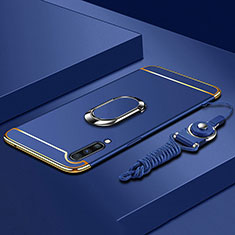 Luxury Metal Frame and Plastic Back Cover Case with Finger Ring Stand and Lanyard for Samsung Galaxy A70S Blue