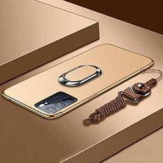 Luxury Metal Frame and Plastic Back Cover Case with Finger Ring Stand for Oppo Reno6 5G Gold