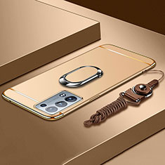 Luxury Metal Frame and Plastic Back Cover Case with Finger Ring Stand for Oppo Reno6 Pro+ Plus 5G Gold