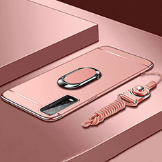 Luxury Metal Frame and Plastic Back Cover Case with Finger Ring Stand for Vivo Y50t Rose Gold