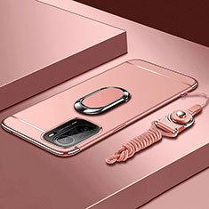 Luxury Metal Frame and Plastic Back Cover Case with Finger Ring Stand for Xiaomi Redmi K40 5G Rose Gold