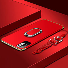 Luxury Metal Frame and Plastic Back Cover Case with Finger Ring Stand for Xiaomi Redmi Note 10 5G Red
