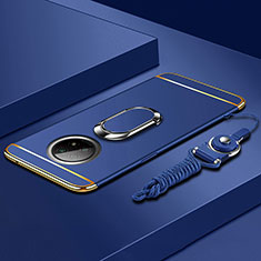 Luxury Metal Frame and Plastic Back Cover Case with Finger Ring Stand for Xiaomi Redmi Note 9 5G Blue