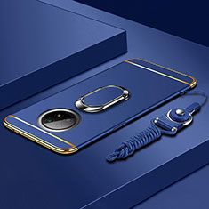 Luxury Metal Frame and Plastic Back Cover Case with Finger Ring Stand for Xiaomi Redmi Note 9T 5G Blue
