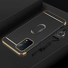 Luxury Metal Frame and Plastic Back Cover Case with Finger Ring Stand P01 for Oppo A54 5G Black