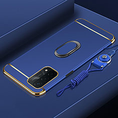 Luxury Metal Frame and Plastic Back Cover Case with Finger Ring Stand P01 for Oppo A54 5G Blue