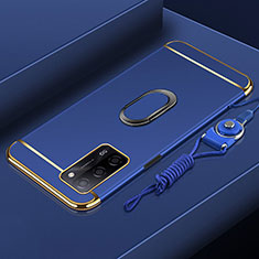 Luxury Metal Frame and Plastic Back Cover Case with Finger Ring Stand P01 for Oppo A55 5G Blue