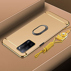 Luxury Metal Frame and Plastic Back Cover Case with Finger Ring Stand P01 for Oppo A55 5G Gold