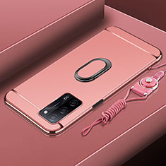Luxury Metal Frame and Plastic Back Cover Case with Finger Ring Stand P01 for Oppo A55 5G Rose Gold