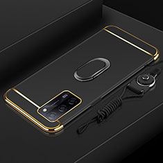 Luxury Metal Frame and Plastic Back Cover Case with Finger Ring Stand P01 for Oppo A56 5G Black