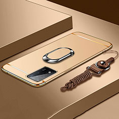 Luxury Metal Frame and Plastic Back Cover Case with Finger Ring Stand P01 for Oppo A93s 5G Gold
