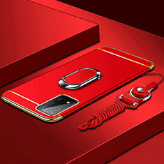 Luxury Metal Frame and Plastic Back Cover Case with Finger Ring Stand P01 for Oppo A93s 5G Red