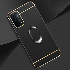 Luxury Metal Frame and Plastic Back Cover Case with Finger Ring Stand P02 for Oppo A54 5G Black