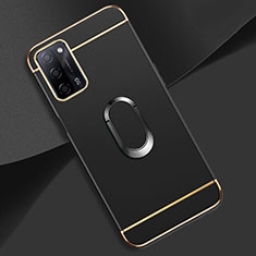 Luxury Metal Frame and Plastic Back Cover Case with Finger Ring Stand P02 for Oppo A55 5G Black