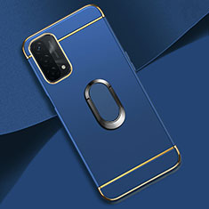 Luxury Metal Frame and Plastic Back Cover Case with Finger Ring Stand P02 for Oppo A74 5G Blue