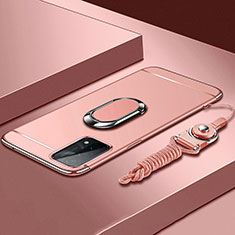 Luxury Metal Frame and Plastic Back Cover Case with Finger Ring Stand P03 for Oppo A74 5G Rose Gold