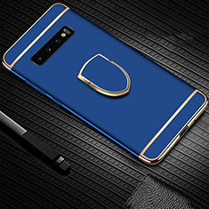 Luxury Metal Frame and Plastic Back Cover Case with Finger Ring Stand T01 for Samsung Galaxy S10 5G Blue