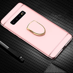 Luxury Metal Frame and Plastic Back Cover Case with Finger Ring Stand T01 for Samsung Galaxy S10 Rose Gold