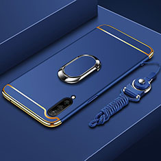 Luxury Metal Frame and Plastic Back Cover Case with Finger Ring Stand T01 for Xiaomi Mi A3 Blue